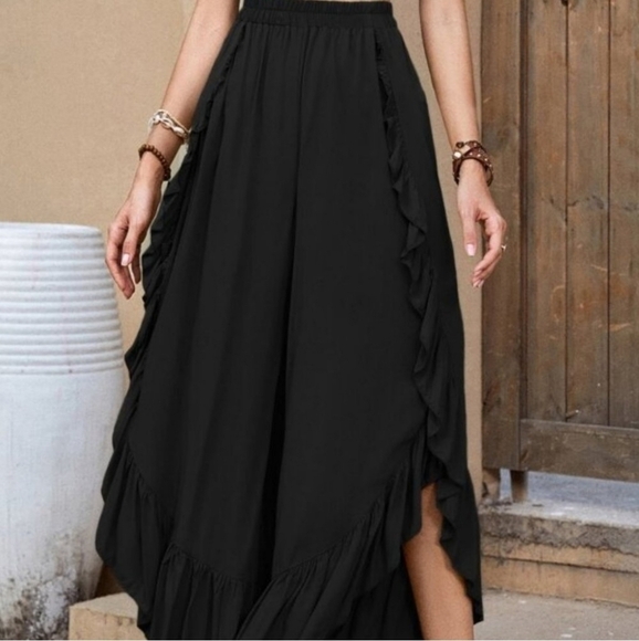 Ruffle Hem Wide Leg Pants black - Picture 7 of 8